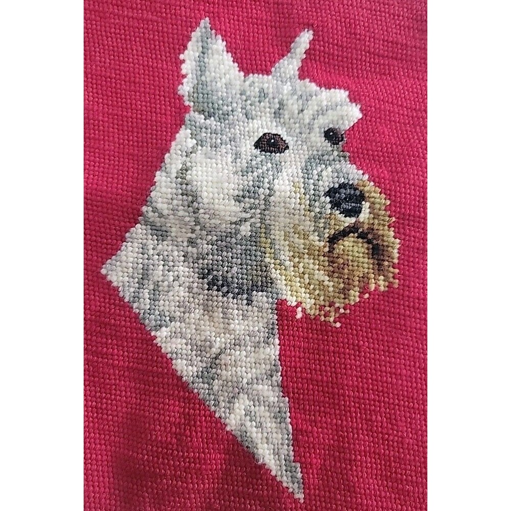 Vintage Miniature Schnauzer Red Wool Needlepoint Completed Finished 14"x14"